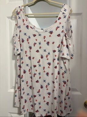 Lane Bryant White Cold-Shoulder Floral Tunic with Red & Blue Flowers